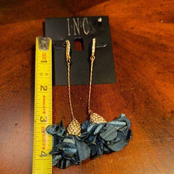 INC International Concepts Gold and Blue Textured Drop Earrings - Picture 1 of 3